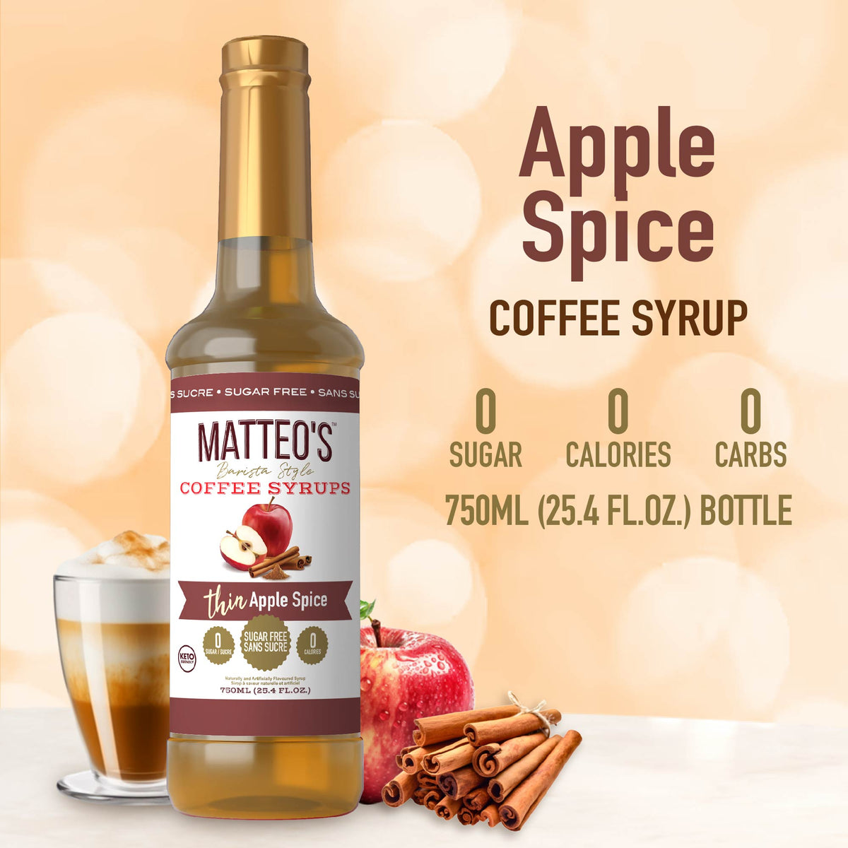 Sugar Free Coffee Syrup, Apple Spice (1 case/6 bottles)