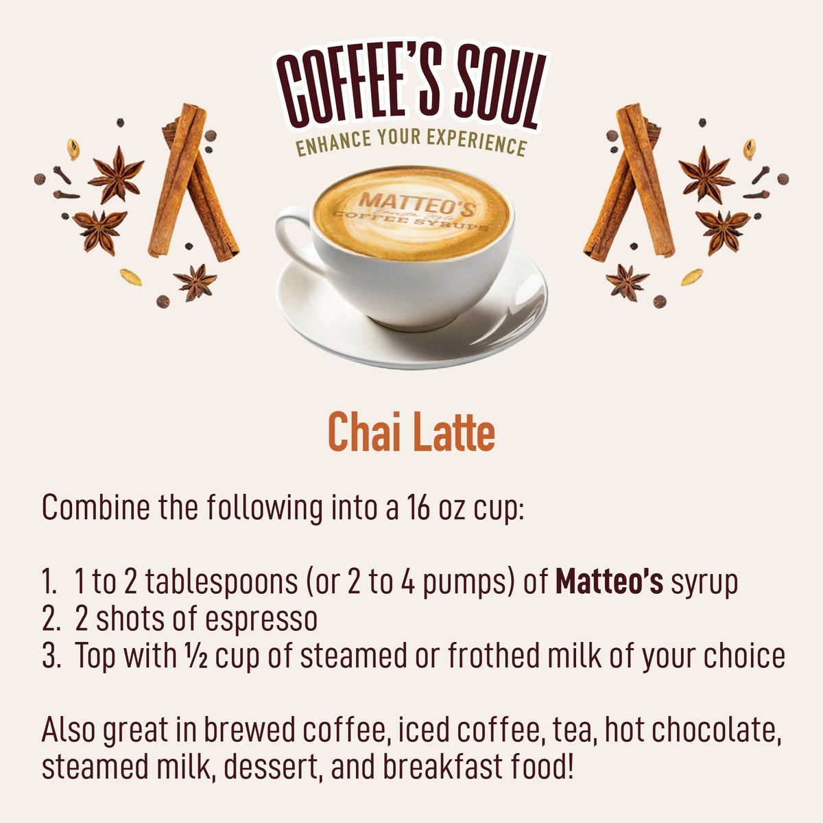 Sugar Free Coffee Syrup, Chai (1 case/6 bottles)