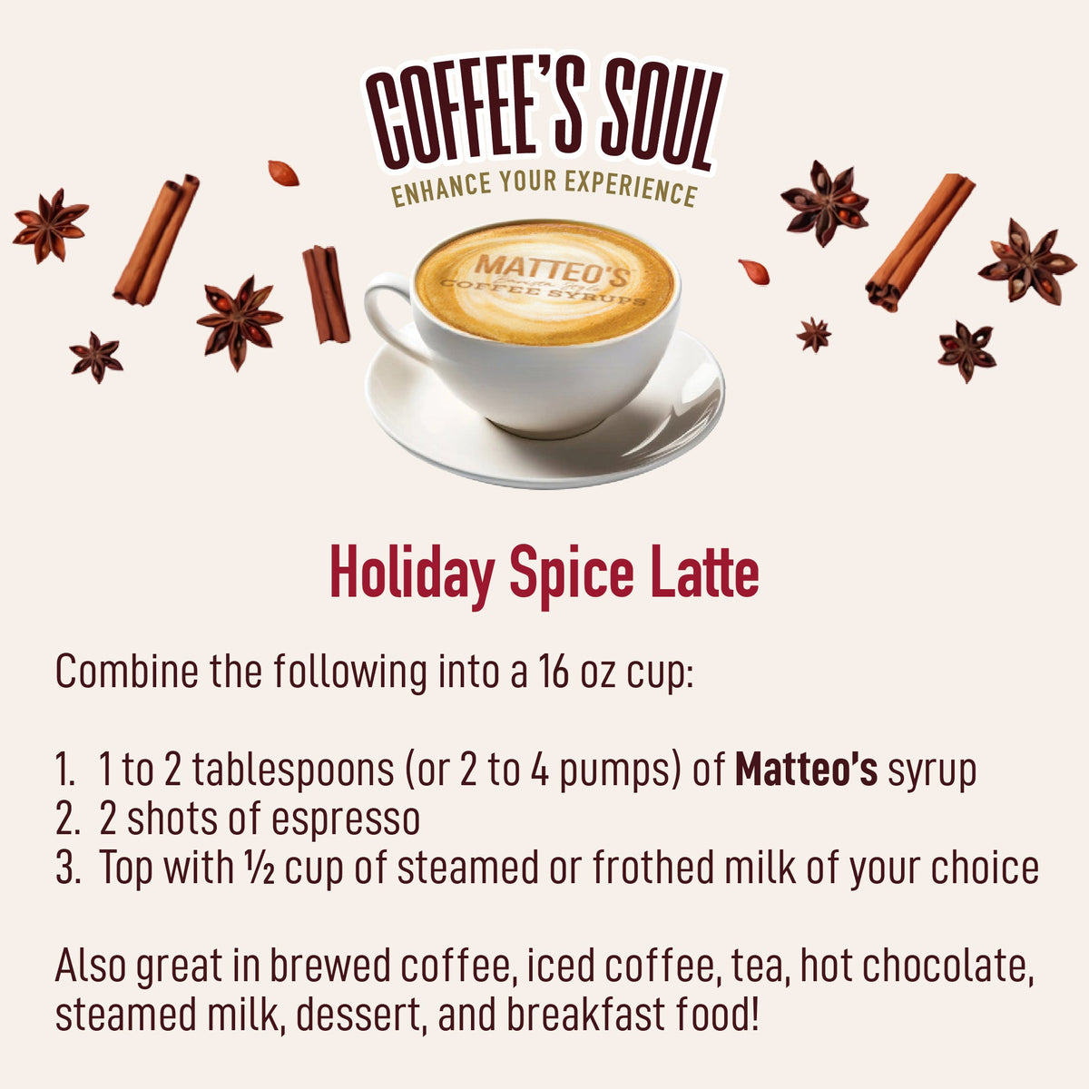 Sugar Free Coffee Syrup, Holiday Spice (1 case/6 bottles)