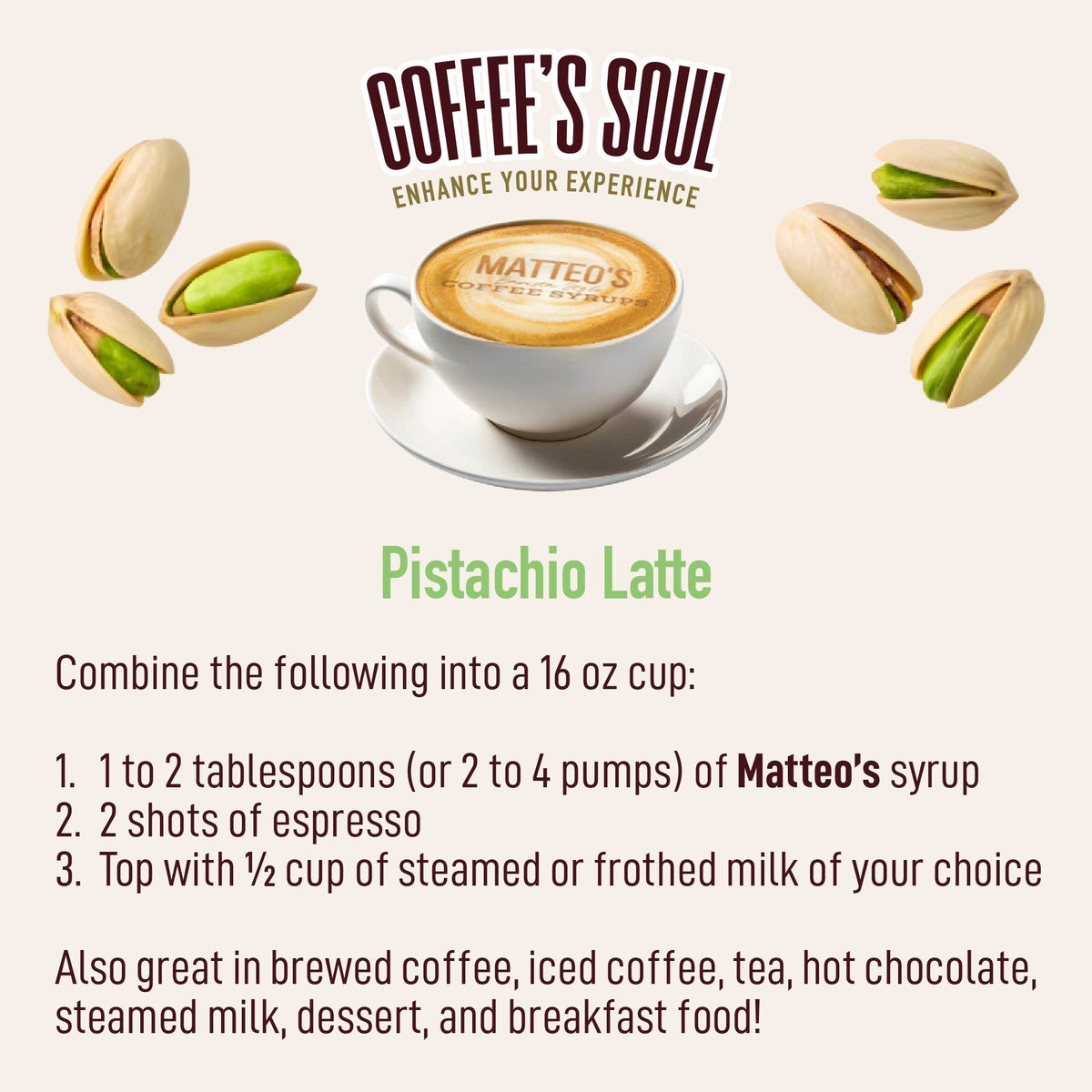 Sugar Free Coffee Syrup - Pistachio (1 case/6 bottles)