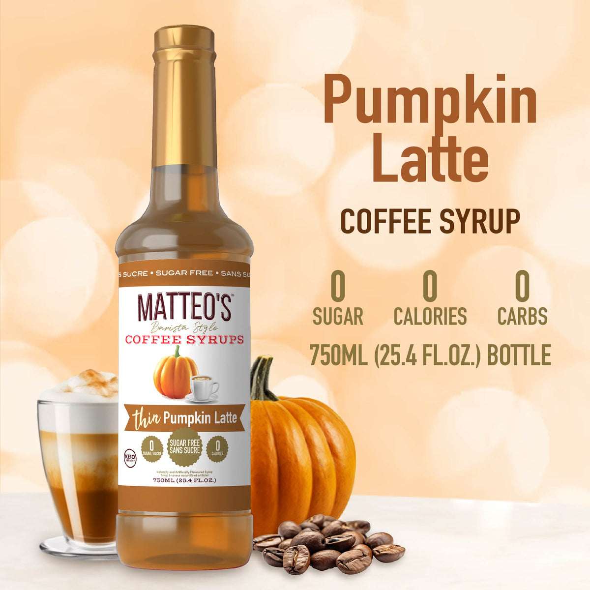 Sugar Free Coffee Syrup, Pumpkin Latte, (1 case/6 bottles)