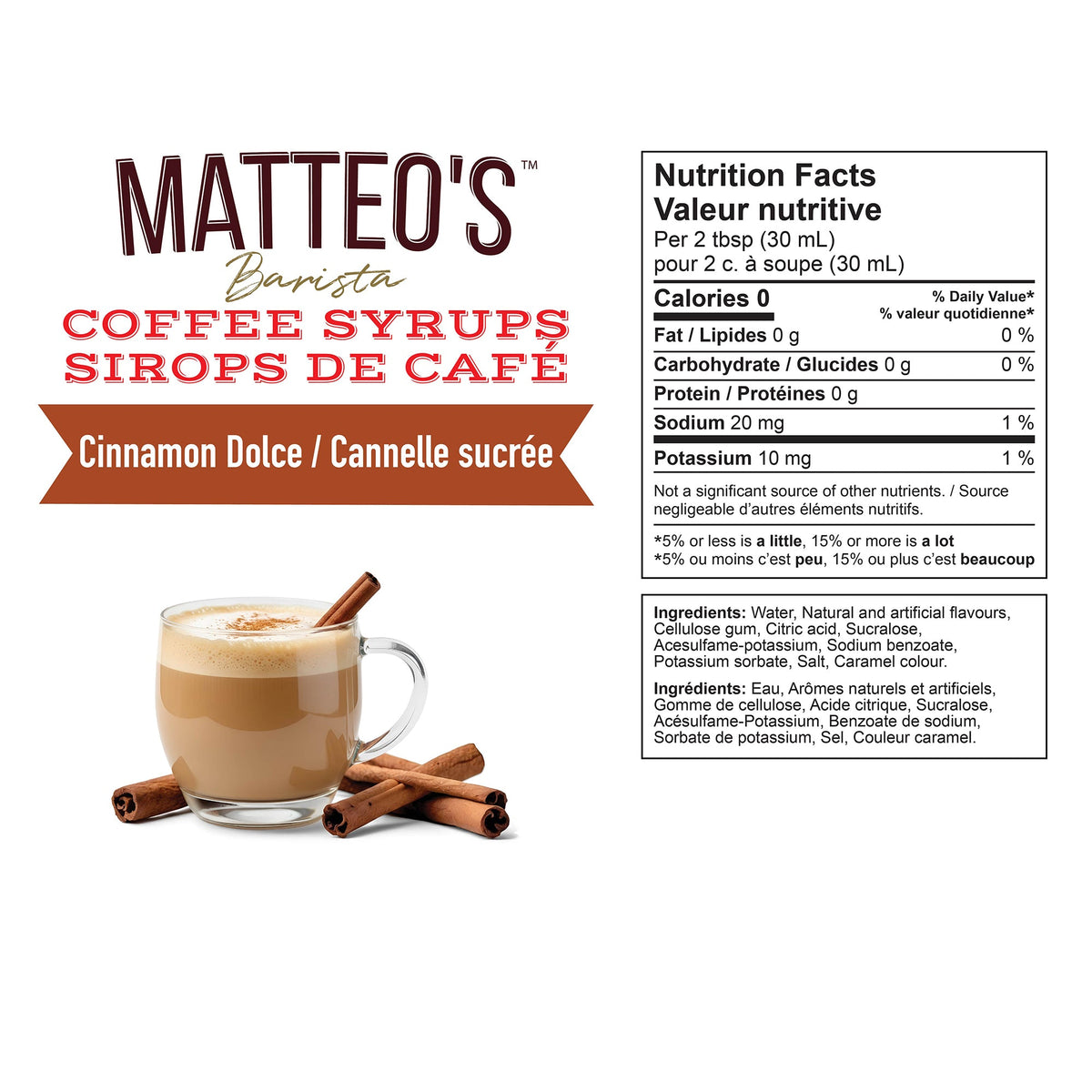 Matteo's Sugar-Free Cinnamon Dolce Coffee Syrup nutrition facts and ingredients panel