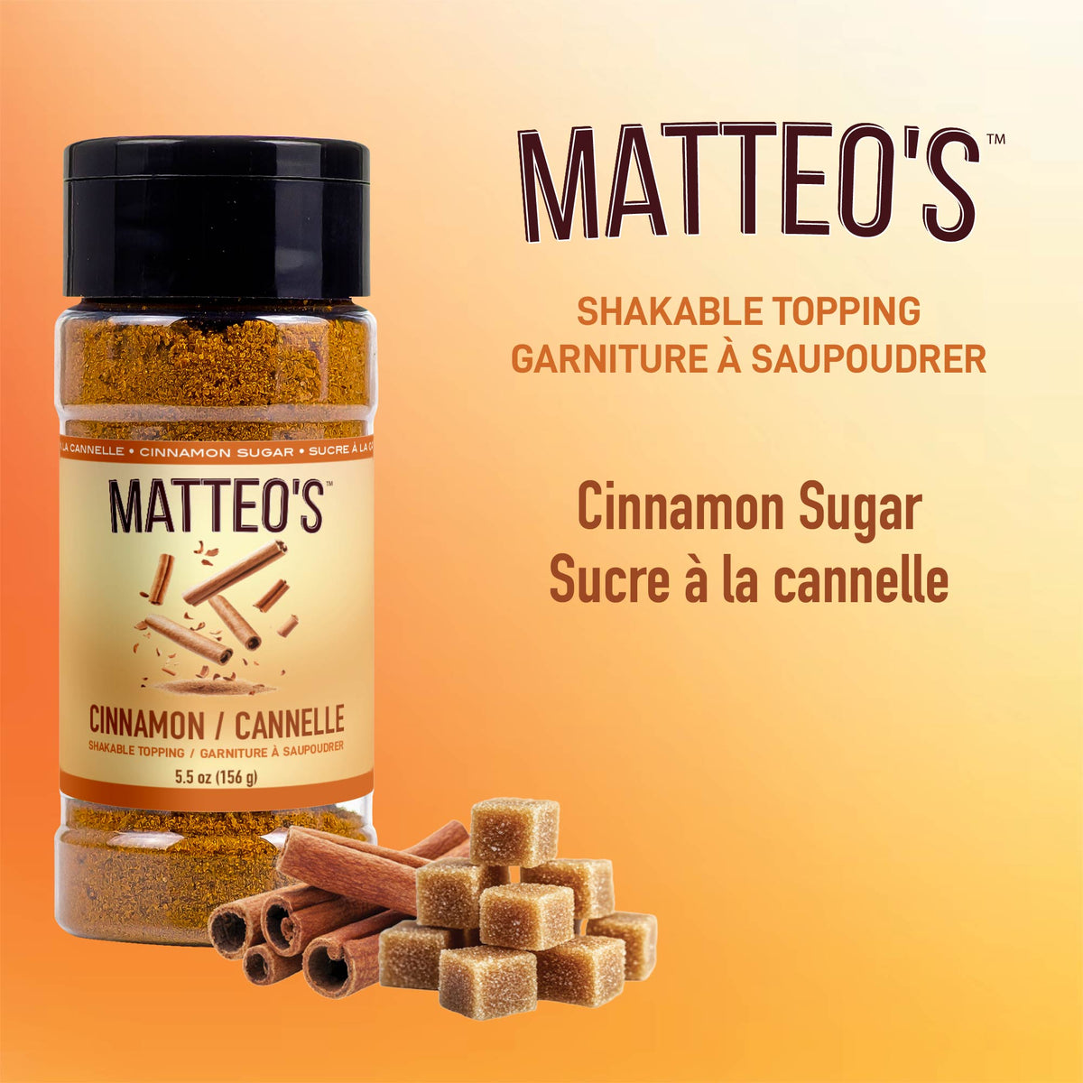 Matteo's Cinnamon Sugar Powder Topping 5.5 oz (156 g) (1 Case/ 12 Shakers)