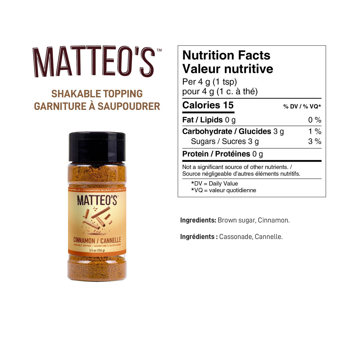Matteo's Cinnamon Sugar Powder Topping 5.5 oz (156 g) (1 Case/ 12 Shakers)
