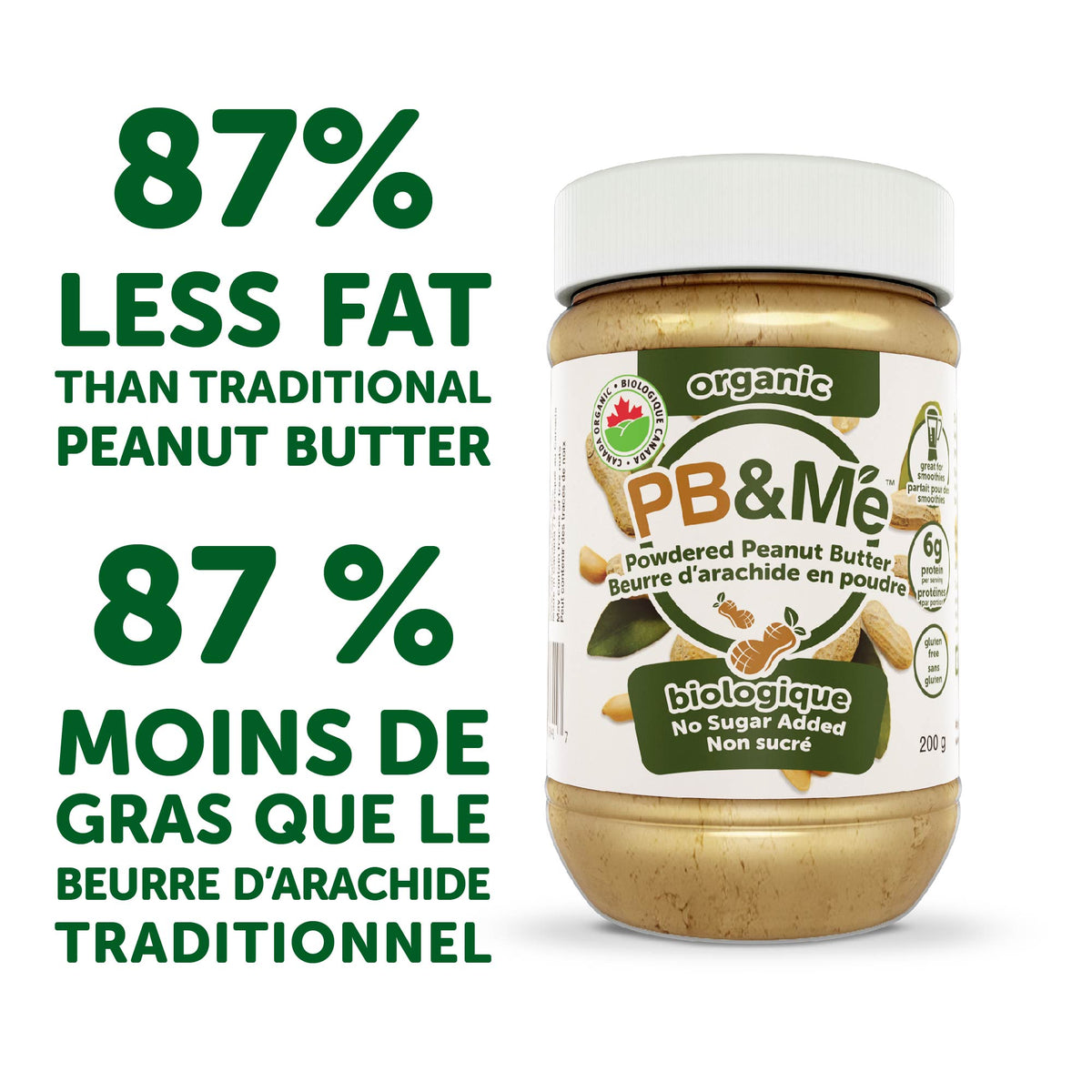 PB&Me Organic (1 case/6 Jars) - No Sugar Added (200g)