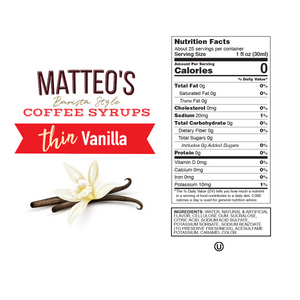 Sirop de café sans sucre Matteo's, vanille (1 caisse/6 bouteilles)
