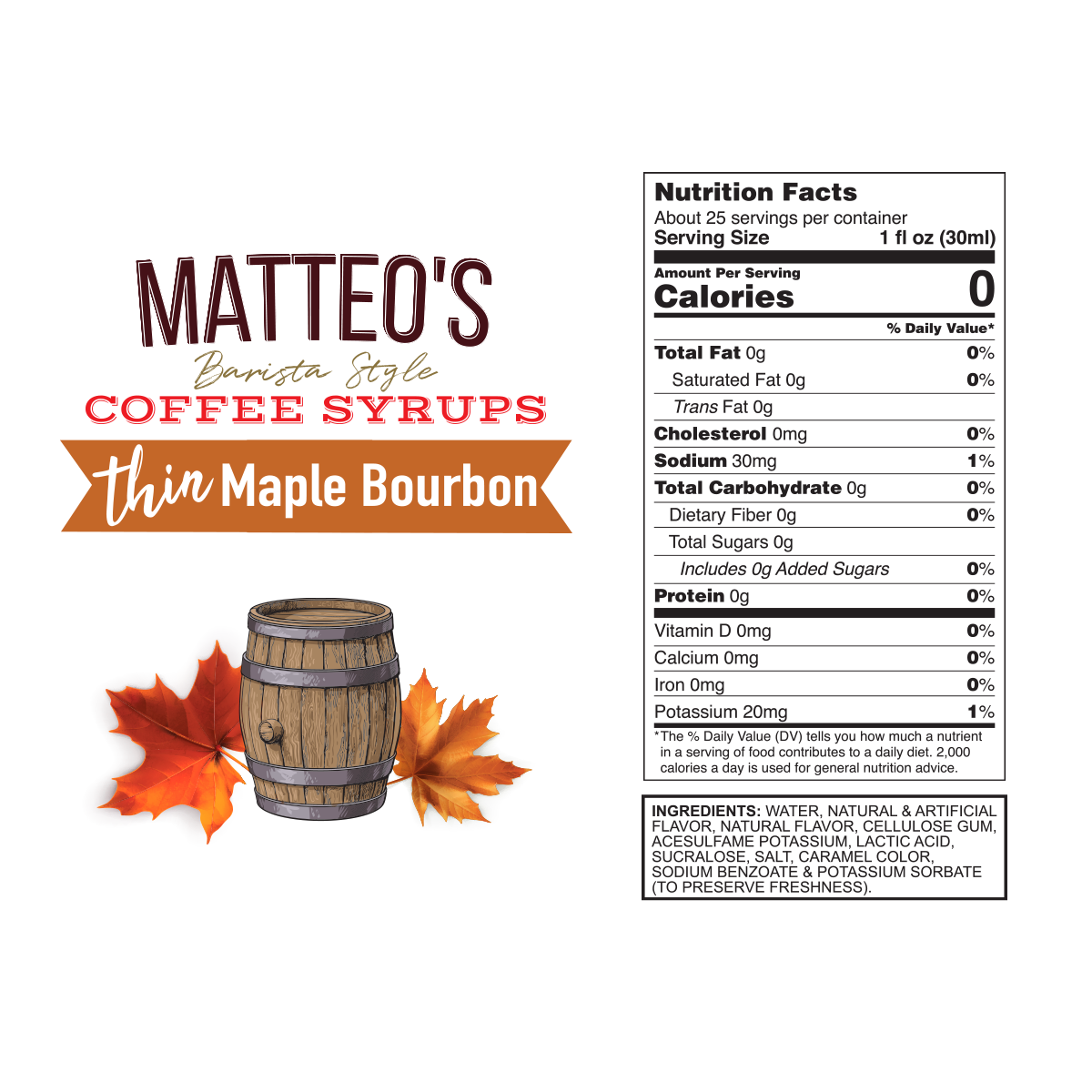 Matteo's Sugar Free Coffee Syrup, Maple Bourbon (1 case/6 bottles)