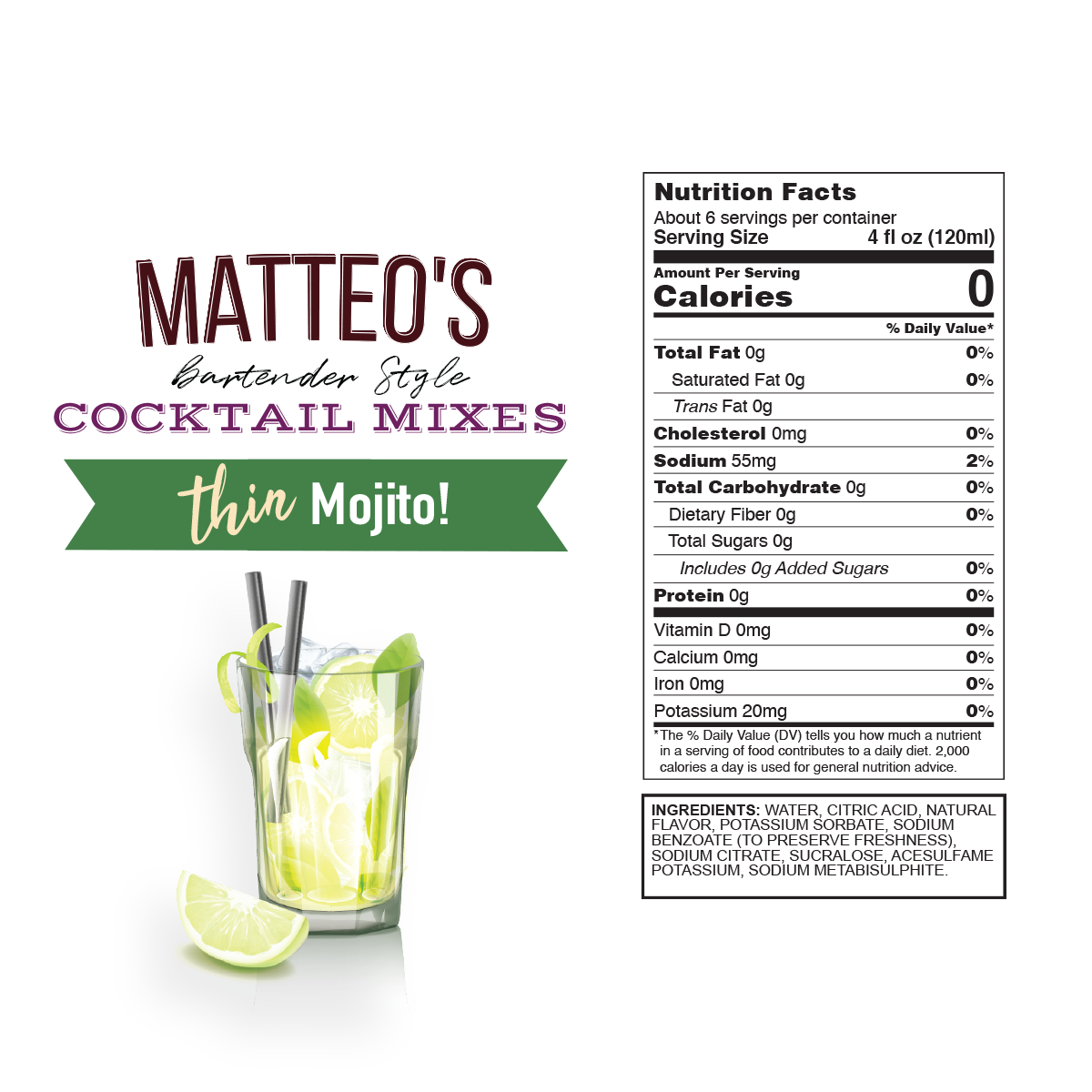 Matteo's Sugar Free Cocktail Mixes - Mojito (1 case/6 bottles)