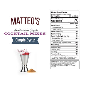 Mélanges à cocktails sans sucre Matteo's - Sirop simple (1 caisse/6 bouteilles)