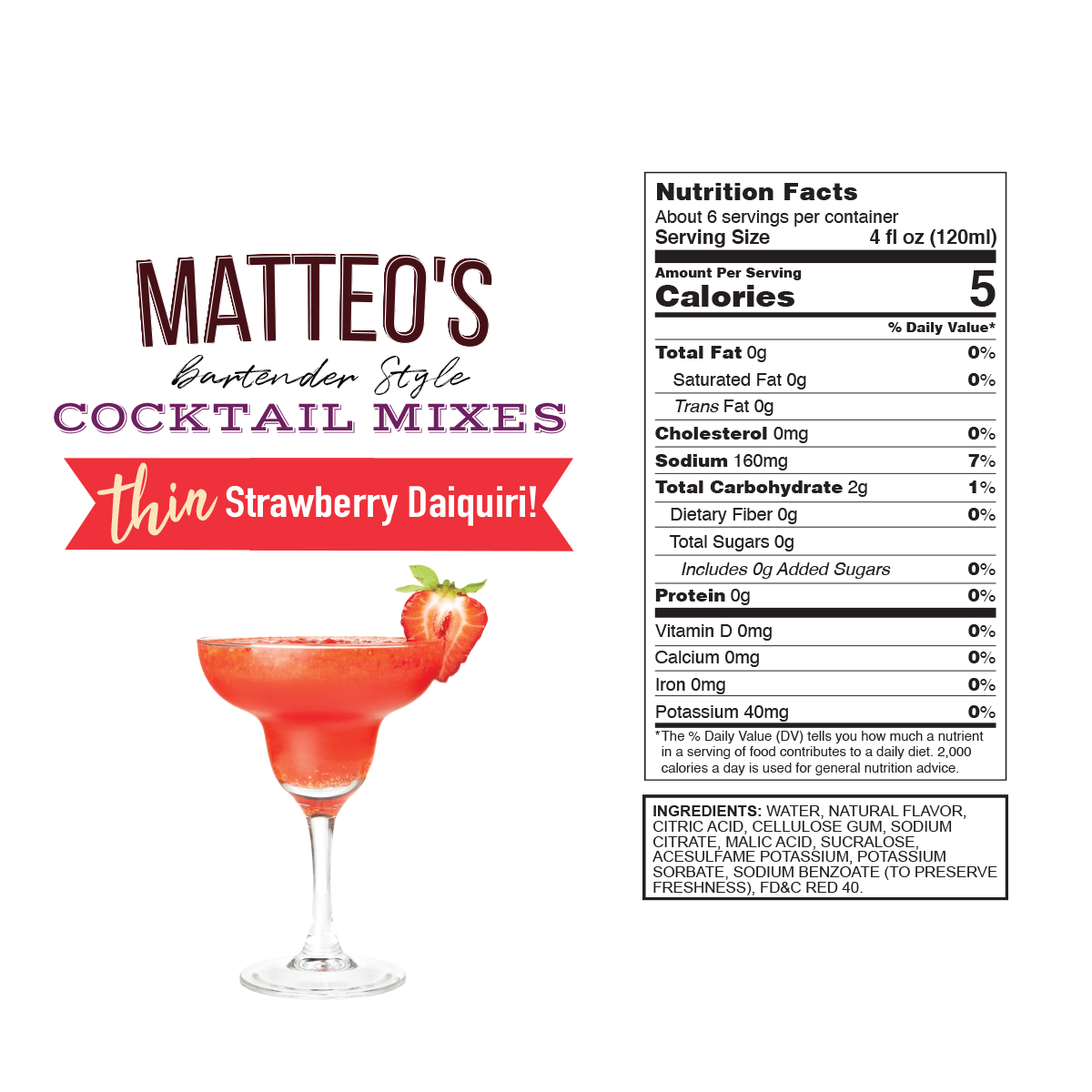 Matteo's Sugar Free Cocktail Mixes - Strawberry Daiquiri (1 case/6 bottles)