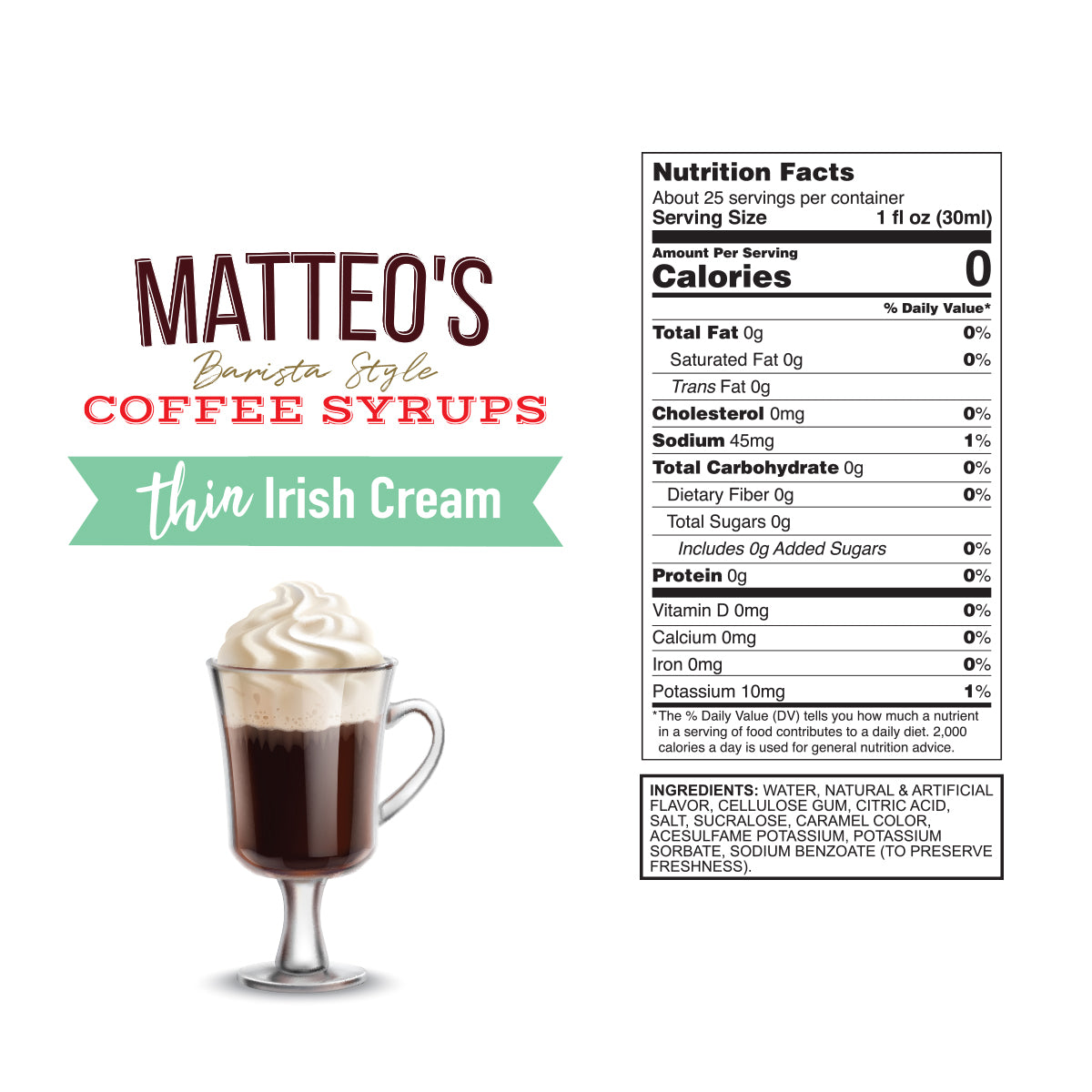 Matteo's Sugar Free Coffee Syrup, Irish Cream (1 case/6 bottles)