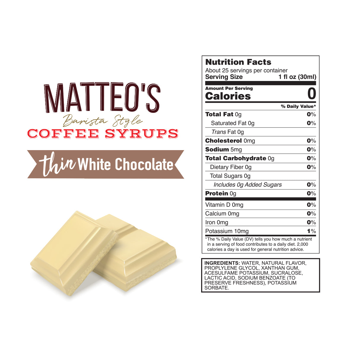 Matteo's Sugar Free Coffee Syrup, White Chocolate (1 case/6 bottles)