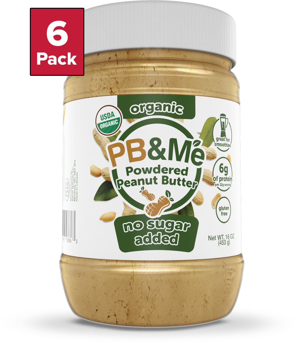 Organic Powdered Peanut Butter (1 case/6 Jars) - No Sugar Added (1LB)