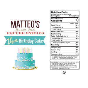 Sirop de café sans sucre Matteo's, gâteau d'anniversaire, (1 caisse/6 bouteilles)