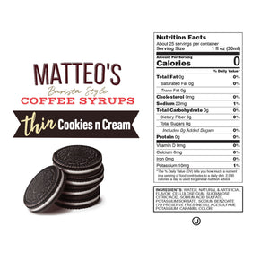 Sirop de café sans sucre Matteo's, Cookies N Cream, (1 caisse/6 bouteilles)