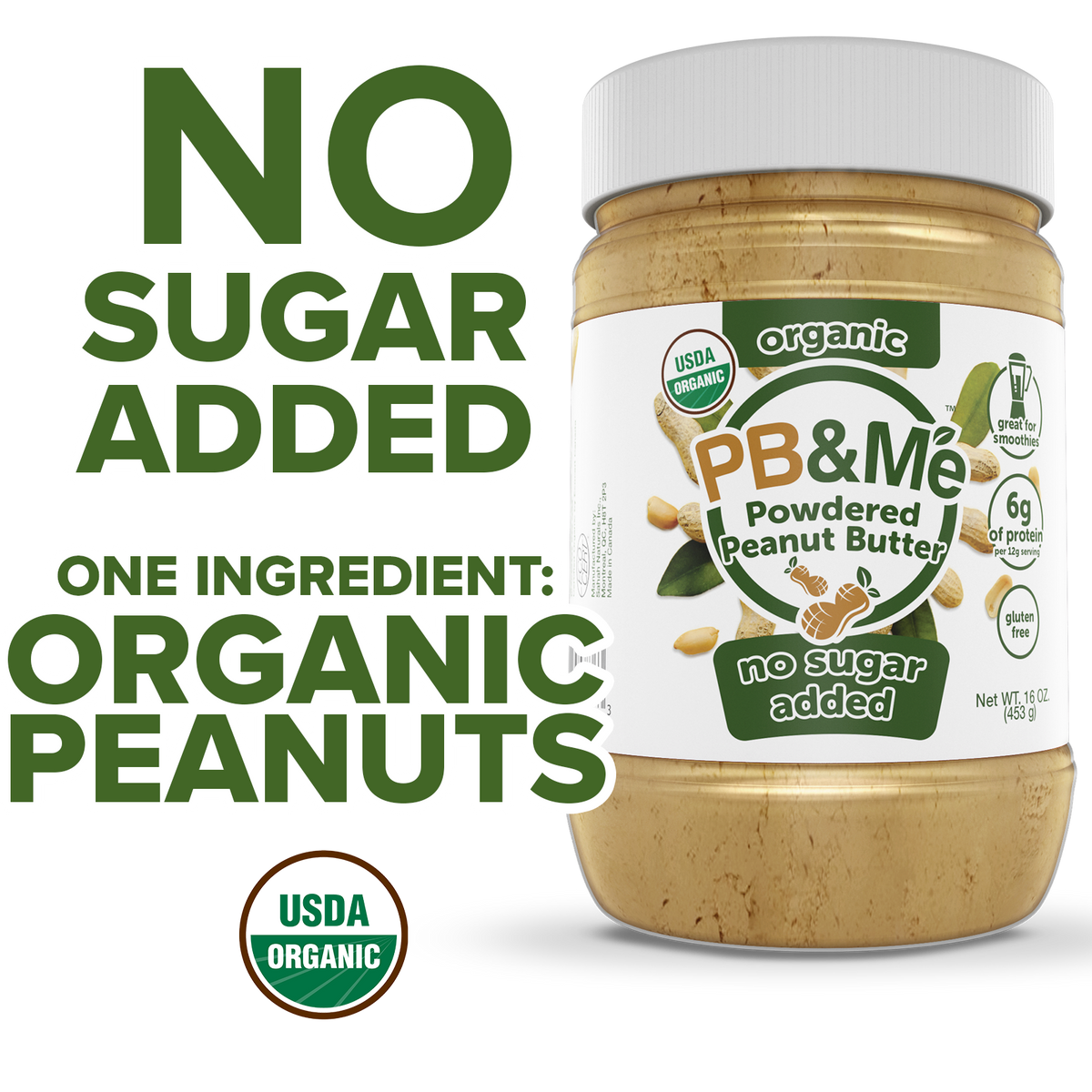 Organic Powdered Peanut Butter (1 case/6 Jars) - No Sugar Added (1LB)