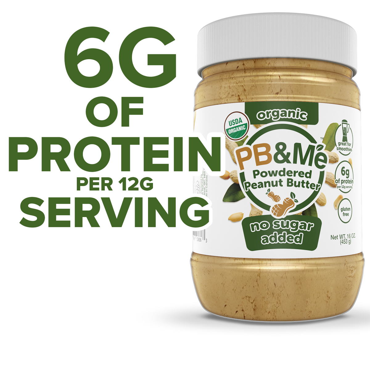 Organic Powdered Peanut Butter (1 case/6 Jars) - No Sugar Added (1LB)